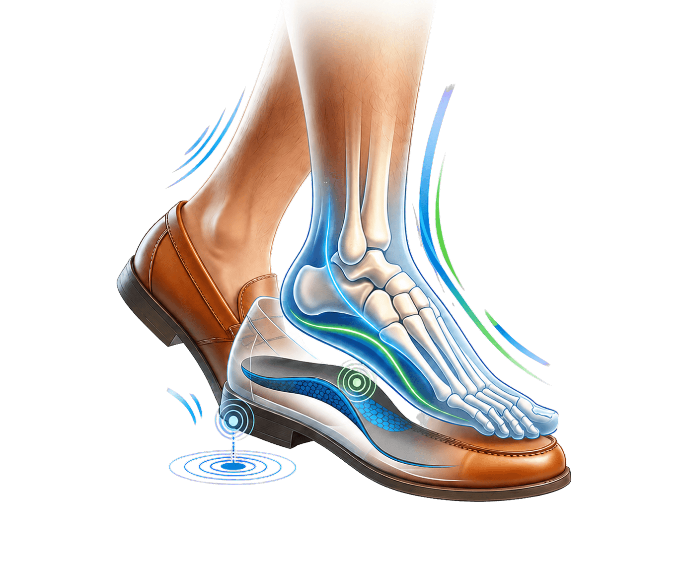 Footwear with visible arch support anatomy